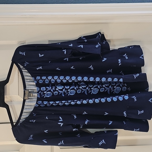 NWT Style & Co. Petite Printed Ruffled Top Scoop Neck 3/4 Sleeved Large Blue PL - Picture 3 of 9